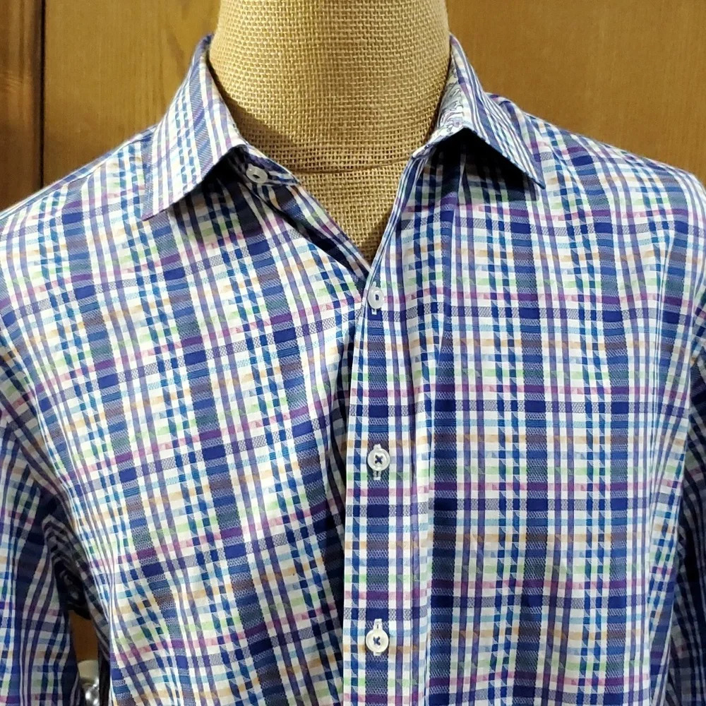 Robert Graham multicolored striped flip cuff blue purple dress shirt